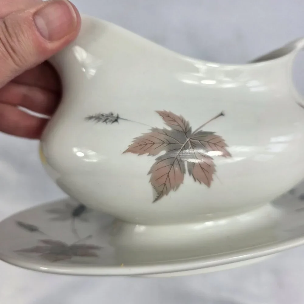 Royal Doulton Tumbling Leaves Gravy Boat & Underplate Gray & Pink Leaves